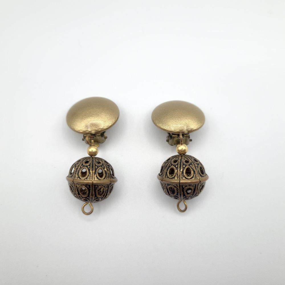Vintage Gold Tone Filigree Ball Drop Clip-On Earrings